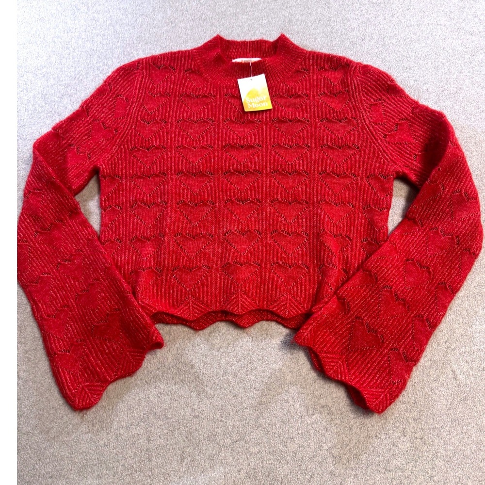 Sugar Moon Red Heart Knit Sweater Women L Cropped Scallop Hem Open Knit Cozy NWT